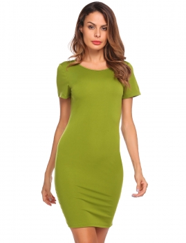 

Army green Short Sleeve Knee Length Solid O Neck Backless Knot Elegant Bodycon Casual Dress, Multicolor