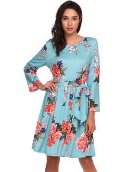 

Green Vintage Long Sleeve Floral O Neck A-Line Dress with Belted, Multicolor