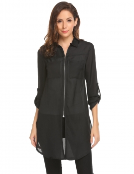 

Black Women Casual Turn Down Collar Long Sleeve Chiffon Arc Hem Blouse Tops, Multicolor