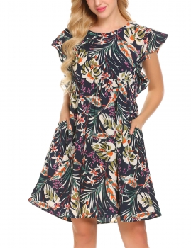 

Black Women Short Trumpet Sleeve High Waist Floral Pleated O-Neck Dress, Multicolor