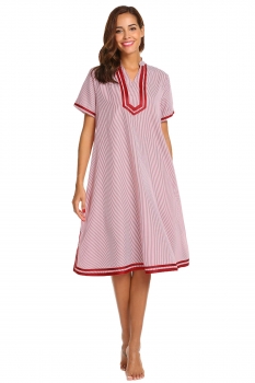 

Red Women Casual V-Neck Short Sleeve Striped Loose Night Dress, Multicolor