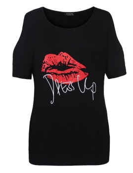 

Black Women Hot Cold Shoulder Letter Lip Print Casual T Shirt Blouse Tops Plus Size, Multicolor