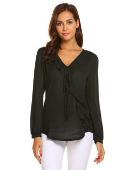 

Black Women Casual O-Neck Long Sleeve Ruffles Trim Pullover Chiffon Blouse, Multicolor