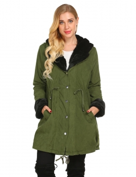 

Army green Women Hooded Long Sleeve Solid Winter Warm Thick Faux Fur Lining Overcoat Jacket, Multicolor