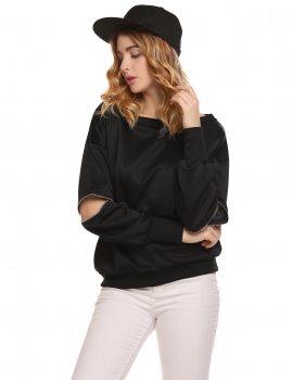 

Black O-Neck Long Sleeve Patchwork Pullover Threaded Cuffs Hem Sweatshirt, Multicolor