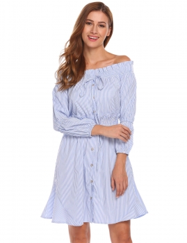 

Blue Off Shoulder Long Sleeve Striped Button Front Shirt Dress, Multicolor