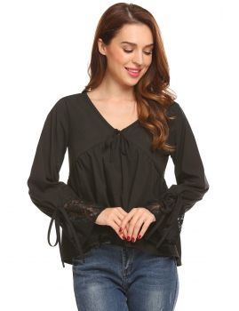 

Black Women V-Neck Flare Sleeve Lace Patchwork Casual Loose Blouse Tops, Multicolor