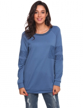 

Blue O-Neck Long Sleeve Pullover Lace Patchwork Sweatshirt, Multicolor