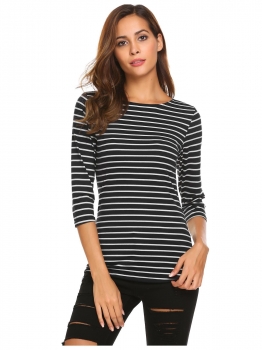 

Black white Women Casual O Neck 3"4 Sleeve Solid Stripe Basic Tee Blouse Tops, Multicolor