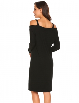 

Black Women V-Neck Cold Shoulder Long Sleeve Solid Loose Fit Casual Dress, Multicolor