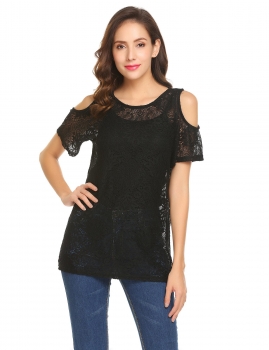 

Black Women Cold Shoulder Short Sleeve Floral Lace See-through Shirt Blouse Tops, Multicolor
