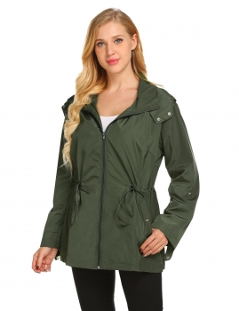 

Army green Women Hooded Long Sleeve Solid Button Zipper Closure Short Raincoat, Multicolor