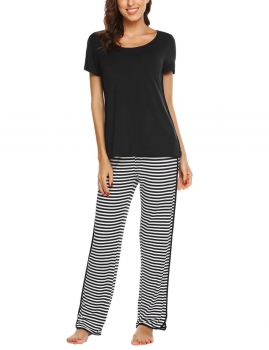 

Black Women Casual Solid Short Sleeve Top Striped Pants Pajama Set Nightwear, Multicolor