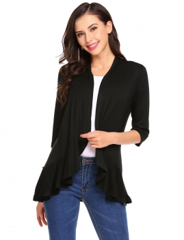 

Black Women Casual Open Front Flounce Hem Three Quarter Sleeves Cardigan, Multicolor