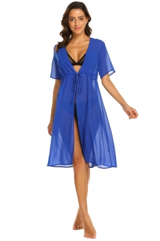 

Blue Women Sexy Short Sleeve Drawstring Chiffon Beachwear Bikini Cover Up Beach Dress, Multicolor