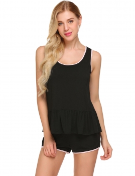 

Black Women Nightwear O-Neck Ruffle Hem Tank Top and Shorts Pajama Set, Multicolor