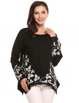 

Black Leaves Printed Irregular Hem Long Sleeve Loose Casual Top, Multicolor