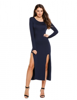 

Blue Long Sleeve Solid O Neck Split Hem Maxi Dress, Multicolor