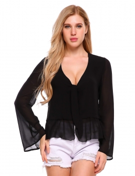 

Black Long Sleeve Front Knot Split Slim Chiffon Blouse, Multicolor