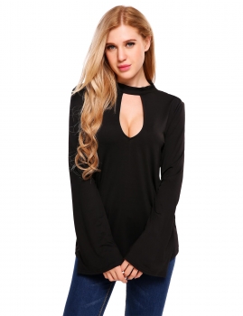 

Black Bell Sleeve Back Bow Tie Hollow Front Solid Blouse, Multicolor