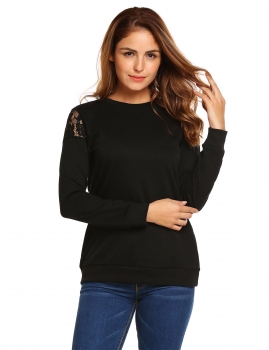 

Black O-Neck Long Sleeve Keyhole Back Lace Shoulder Patchwork Sweatshirts, Multicolor