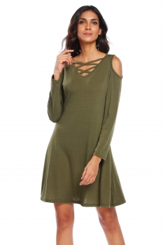 

Army green Long Sleeve Cold Shoulder Solid Dress, Multicolor