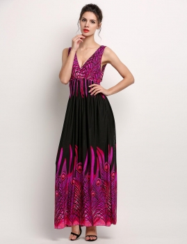 

Bohemian Peacock Tail Hawaiian V-neck Beach Casual Dress, Multicolor