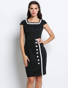 

Square Neck Contrast Cap Sleeve Trim Buttons Decor Business Dress, Multicolor