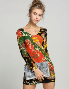 

Women Deep V-neck Long Sleeve Going Out Dress, Multicolor