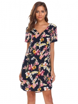 

Dark blue V-Neck Loose Button Front Floral Dress, Multicolor