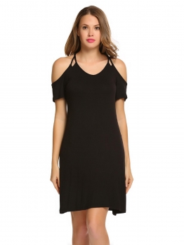 

Black Solid Cold Shoulder Strap V-neck Short Sleeve Mini Dress, Multicolor