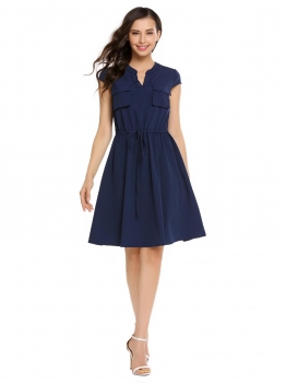 

Dark blue Cap Sleeve Solid O Neck Drawstring Loose Dress, Multicolor