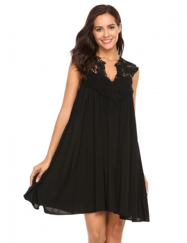 

Black V-Neck Sleeveless Lace-crochet Patchwork Loose Dress, Multicolor