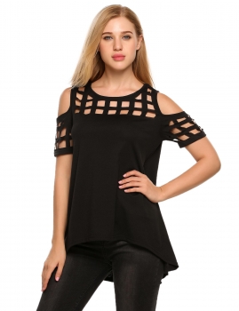 

Black O-Neck Short Sleeve Cold Shoulder Hollow Out Tops, Multicolor