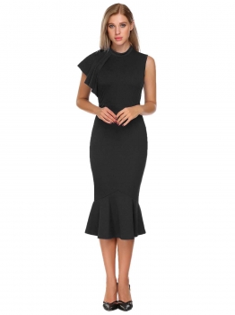 

Black O-Neck Single Sleeve Solid Bodycon Slim Pencil Ruched Dress, Multicolor