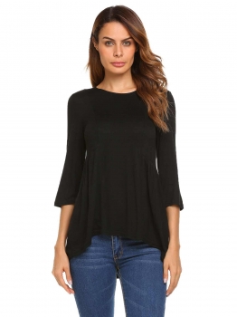 

Black Solid Ruched Loose Hem O-Neck 3"4 Sleeve Tops, Multicolor