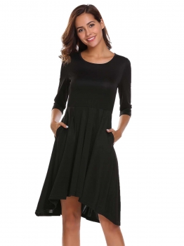 

Black 3"4 Sleeve High Low Hem Dress with Pocket, Multicolor