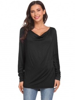 

Black Women Cowl Neck Breathable Long Sleeve Batswing T-Shirt, Multicolor