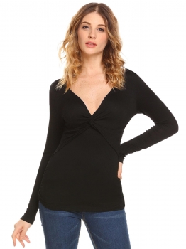 

Black Women V-Neck Long Sleeve Front Twis Knot T-Shirt, Multicolor