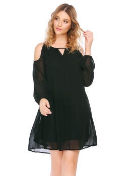 

Black Cold Shoulder Long Sleeve V Neck Chiffon Loose Dress, Multicolor