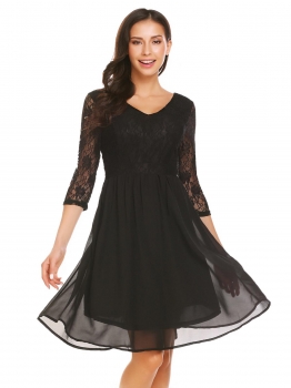 

Black Women V-Neck 3"4 Sleeve Keyhole Empire Waist Lace Patchwork Party Dress, Multicolor