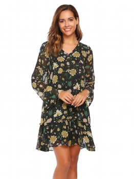 

Black Floral Print V Neck Ruffles Chiffon Long Sleeve Dress, Multicolor