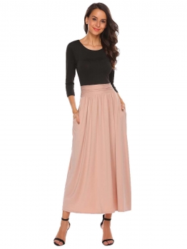 

Black O-Neck 3"4 Sleeve Patchwork Pleated High Waist Maxi Dress, Multicolor