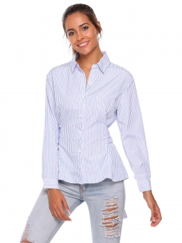 

Blue Striped Turn Down Collar Long Sleeve Button Shirt, Multicolor