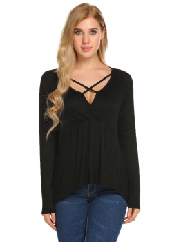 

Black Cross V-Neck Long Sleeve Solid Dip Hem T-Shirt, Multicolor