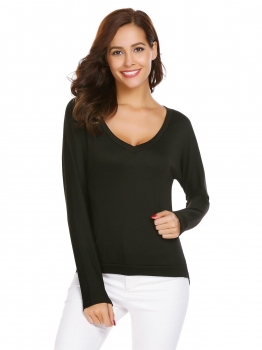 

Black Women V-Neck Backless Long Sleeve Solid Casual T-Shirt Top, Multicolor