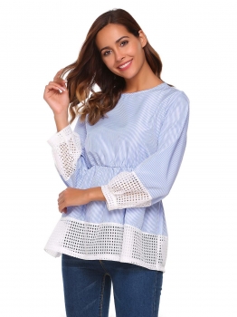 

Blue Striped Patchwork Long Sleeve Slim Tops, Multicolor