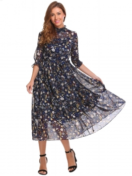 

Women Fashion Mock Neck Lantern Half Sleeve Floral Loose Chiffon A-Line Dress, Multicolor