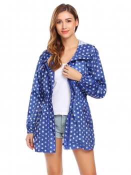 

Gray Women Outdoor Hooded Long Sleeve Drawstring Waist Dot Solid Coat, Multicolor