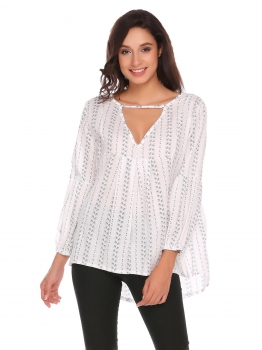 

White Long Sleeve Loose Striped Blouse Tops, Multicolor